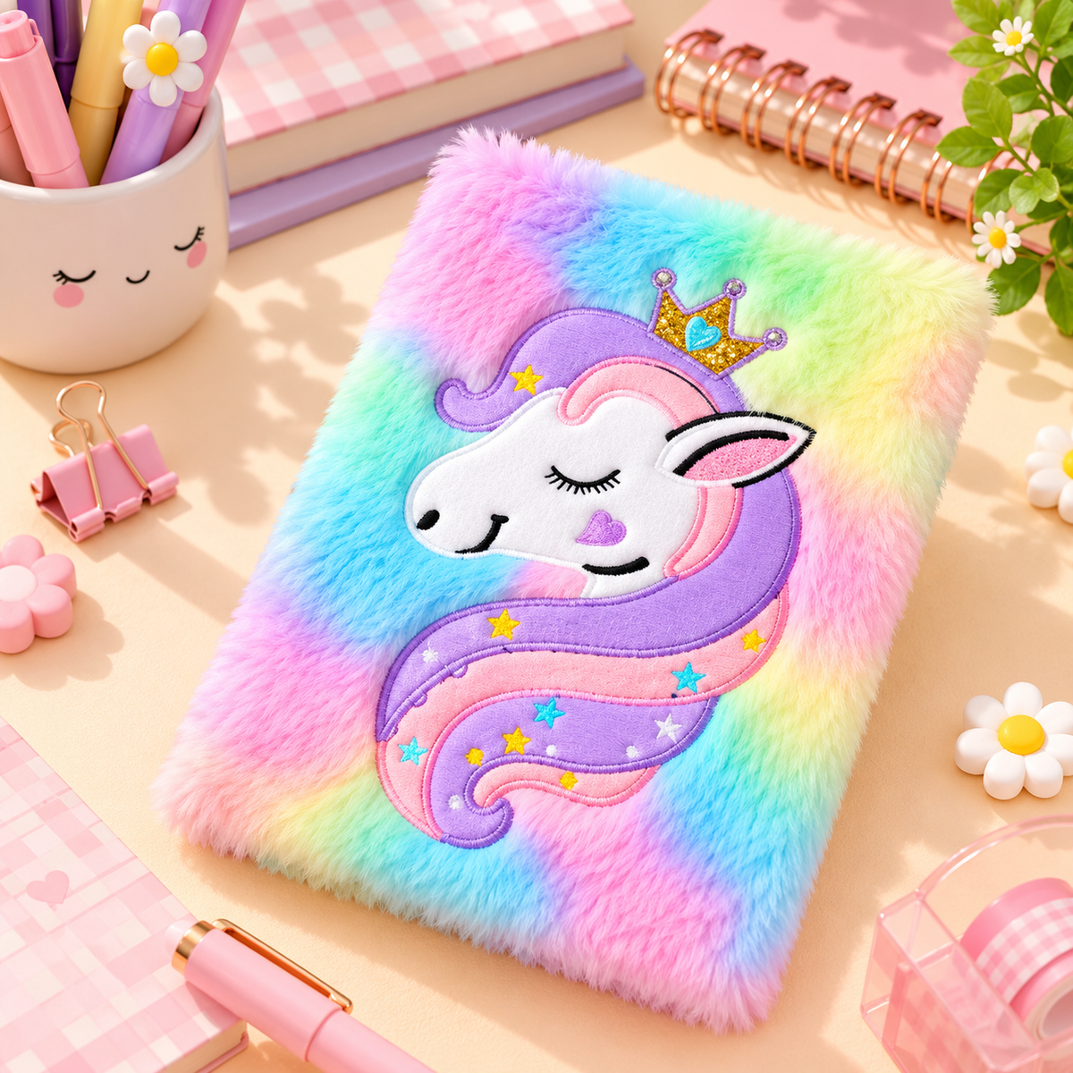 Cute Unicorn Glitter Plush Diary – A5 Soft Furry Notebook for Girls