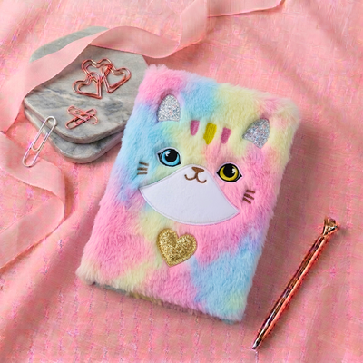 Cute Rainbow Cat Furry Plush Diary – A5 Soft Kitty Notebook for Girls