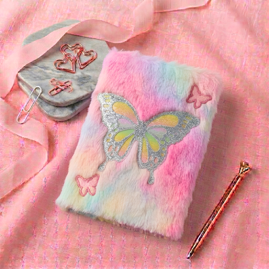 Aesthetic Rainbow Butterfly Furry Plush Diary – A5 Glitter Butterfly Journal