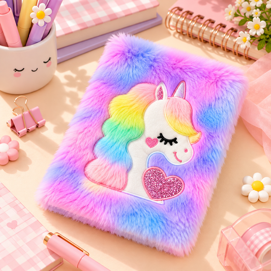 Magical Rainbow Unicorn Furry Plush Diary – A5 Cute Pastel Notebook