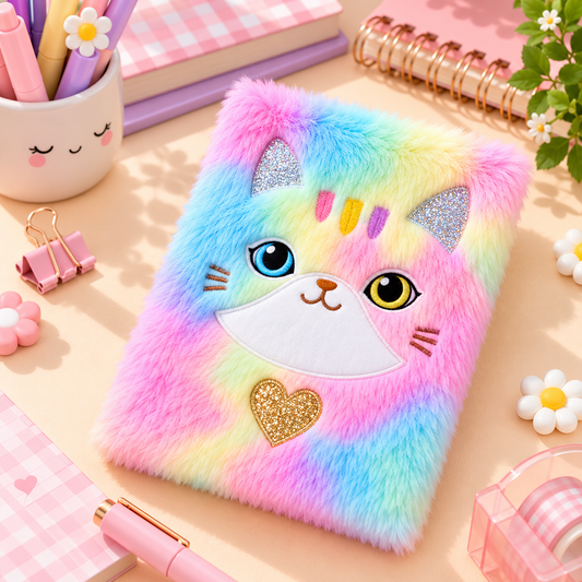 Cute Rainbow Cat Furry Plush Diary – A5 Soft Kitty Notebook for Girls