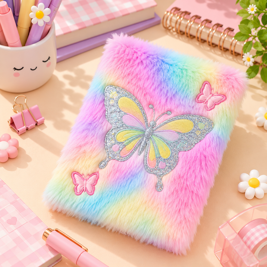 Aesthetic Rainbow Butterfly Furry Plush Diary – A5 Glitter Butterfly Journal