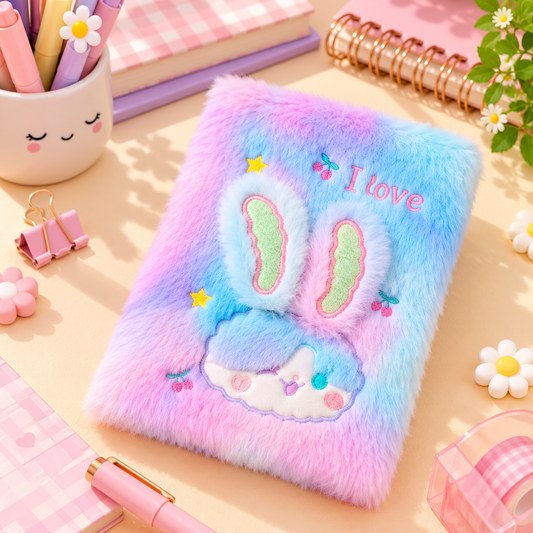 Cute -Ear Bunny Furry Plush Diary – A5 Aesthetic "Love" Cloud Journal