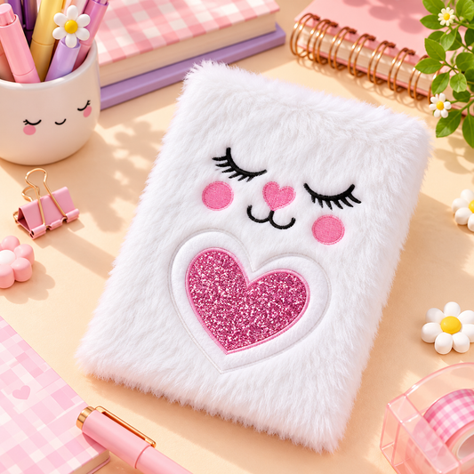 Cute Kitty Furry Plush Diary – A5 Soft Cat Notebook (Pink, Purple, White)