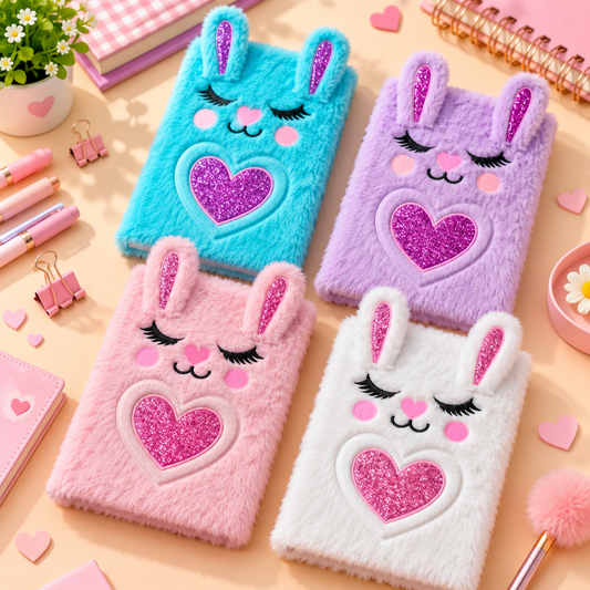 Cute Plush Bunny Diary for Girls – Soft Furry Rabbit Notebook with Heart Mirror | Aesthetic Stationery Gift