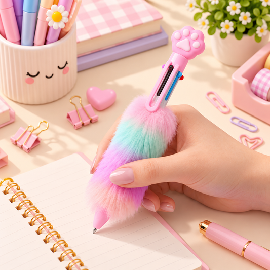 Cute Fluffy Multi-Ink Ballpoint Pen – 6-in-1 Creative Shuttle Pen for Girls