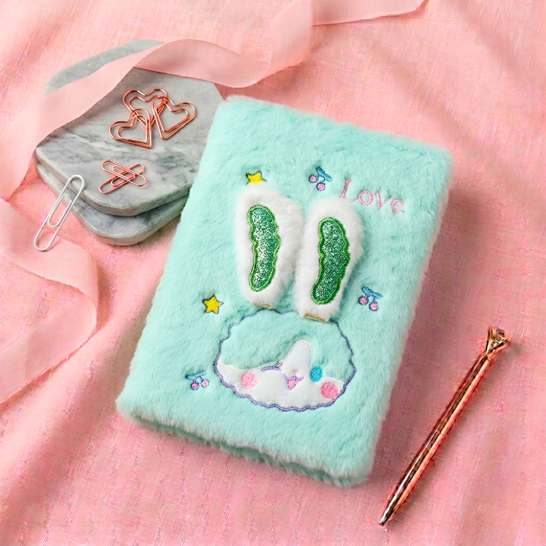 Cute -Ear Bunny Furry Plush Diary – A5 Aesthetic "Love" Cloud Journal