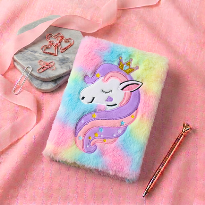 Magical Rainbow Unicorn Furry Plush Diary – A5 Cute Pastel Notebook