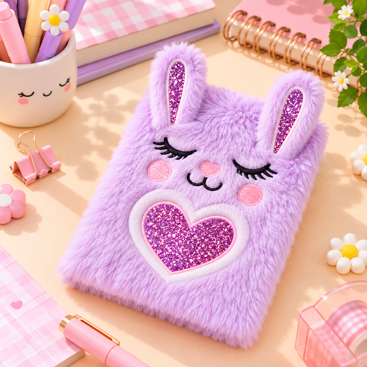 Cute Plush Bunny Diary for Girls – Soft Furry Rabbit Notebook with Heart Mirror | Aesthetic Stationery Gift